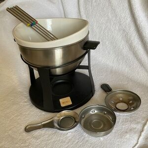 Stainless Steel Fondue Set with Ceramic Insert and Forks - Cream/Black